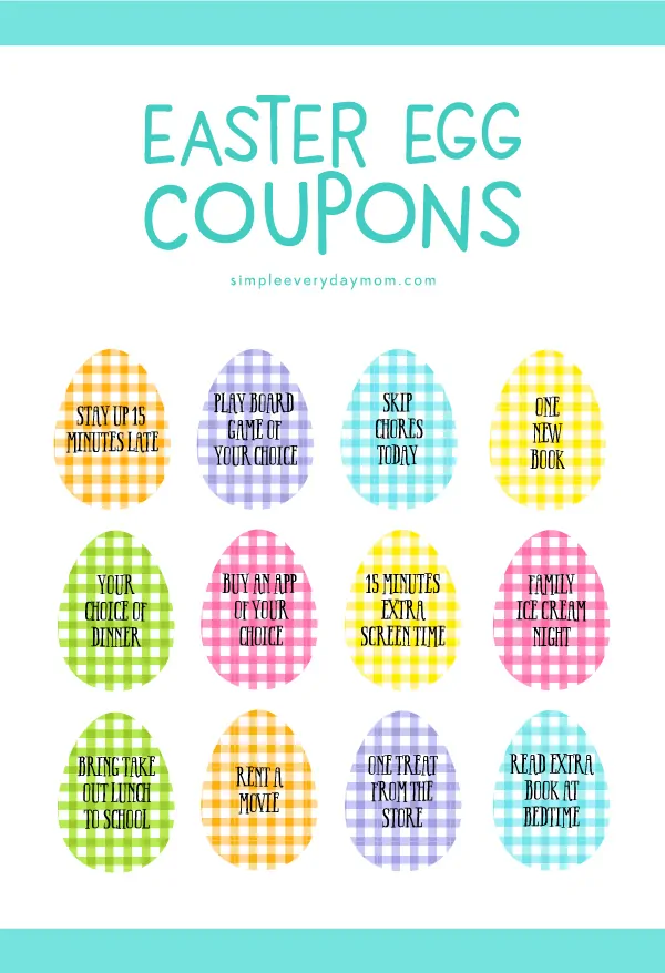Easter Egg Coupons | Ditch the candy and fill those Easter eggs with fun Easter egg coupons. You can even write in some of your own to customize them! 