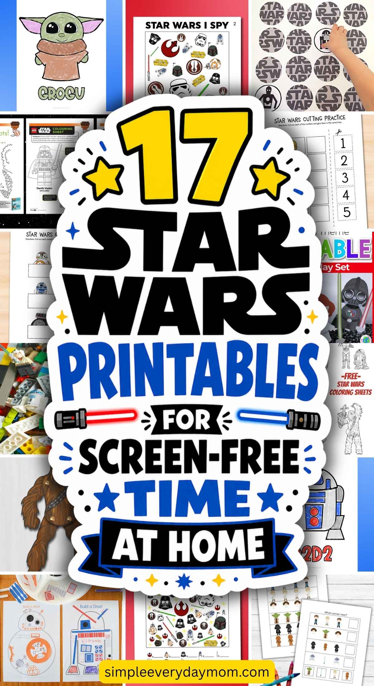 Promotional graphic reading “17 Star Wars printables for screen-free time at home” surrounded by images of kids’ activities like coloring pages, puzzles, and character drawings.