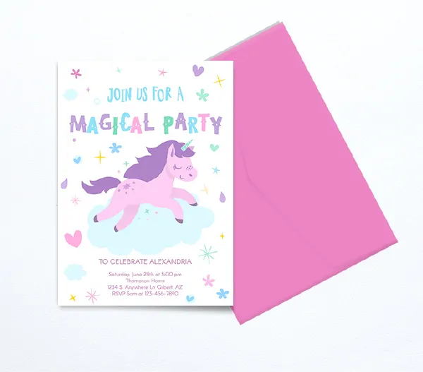 Unicorn invitations with pink envelope