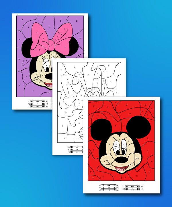 Minnie, Pluto, and Mickey color by number printables