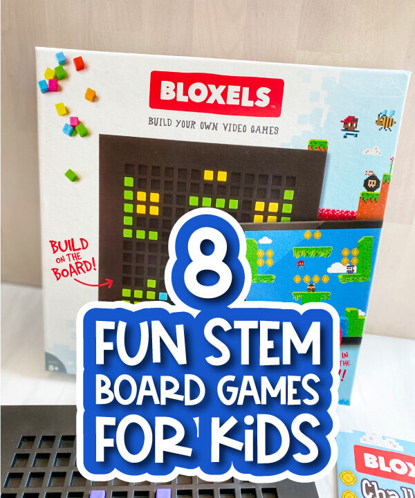 bloxels stem board game image with the words 8 fun stem board games for kids