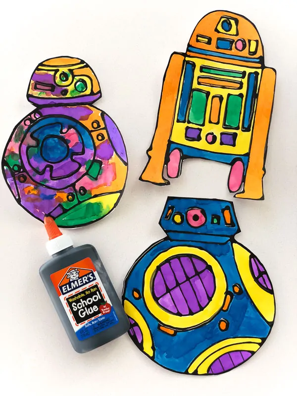 black glue and watercolor R2-D2, BB-8 and BB-9E