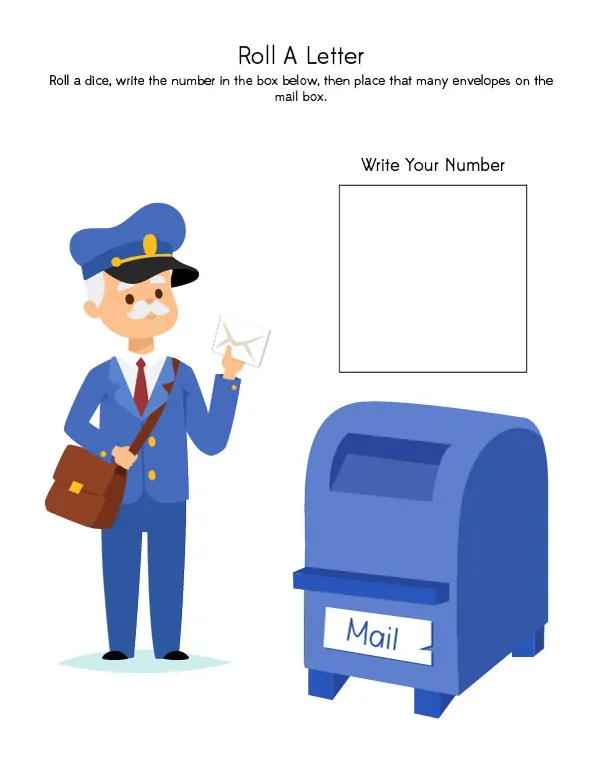 Community Helper Activities | This printable game features a mail man and helps teach kids number recognition and one to one counting.