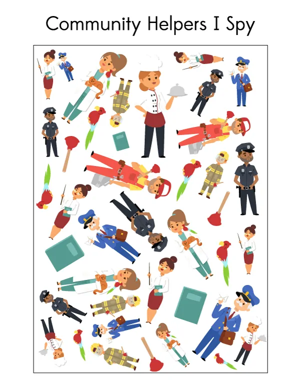 Community Helpers I Spy | This printable i spy features firefighters, police officers, plumbers, chefs, veterinarians and mail carriers. #printablesforkids #preschool #kindergarten