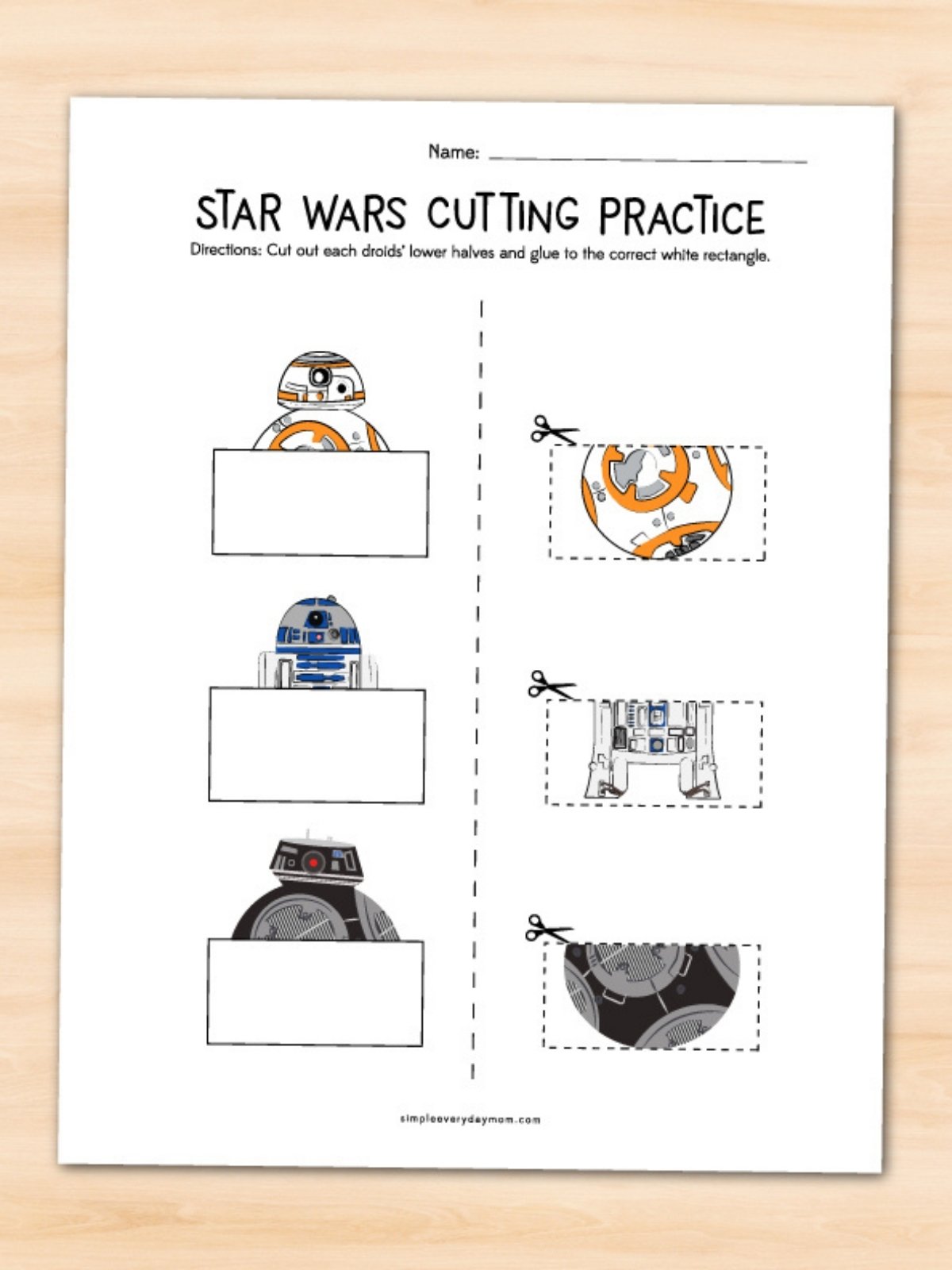 Worksheet titled “Star Wars Cutting Practice” where children cut out droid halves and match them to corresponding upper halves in blank boxes.