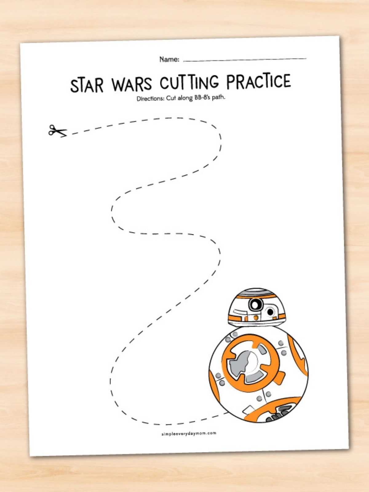Worksheet titled “Star Wars Cutting Practice” with a curved dashed path leading to a BB-8 illustration for cutting practice.