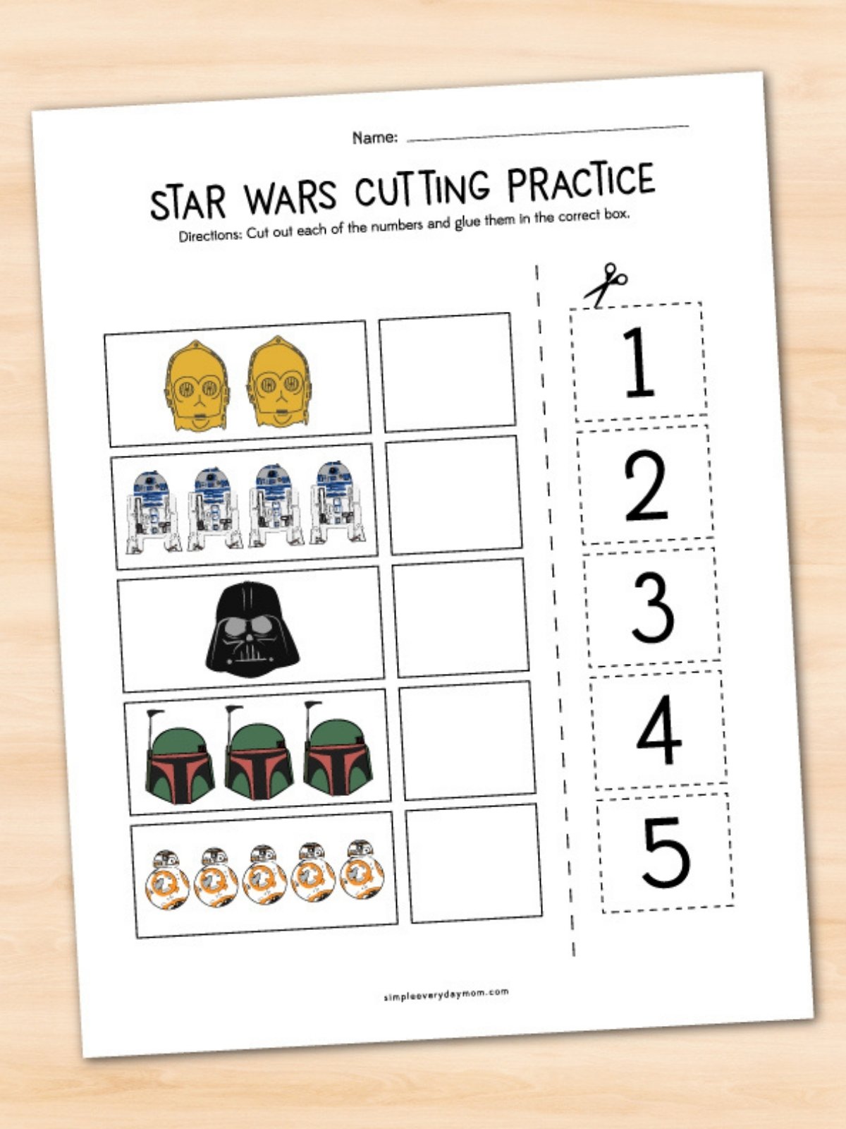 Worksheet titled “Star Wars Cutting Practice” featuring groups of Star Wars characters to count and match with cut-out numbers 1 through 5.