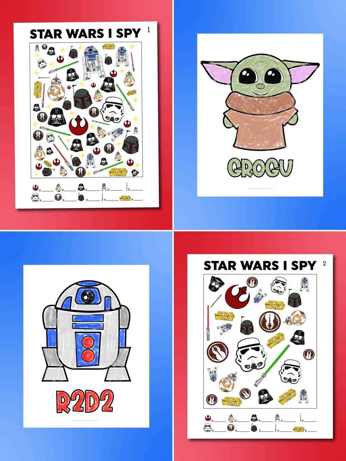 Collage of Star Wars printables featuring two “Star Wars I Spy” activity sheets alongside simple colored drawings labeled Grogu and R2-D2 on red and blue backgrounds.