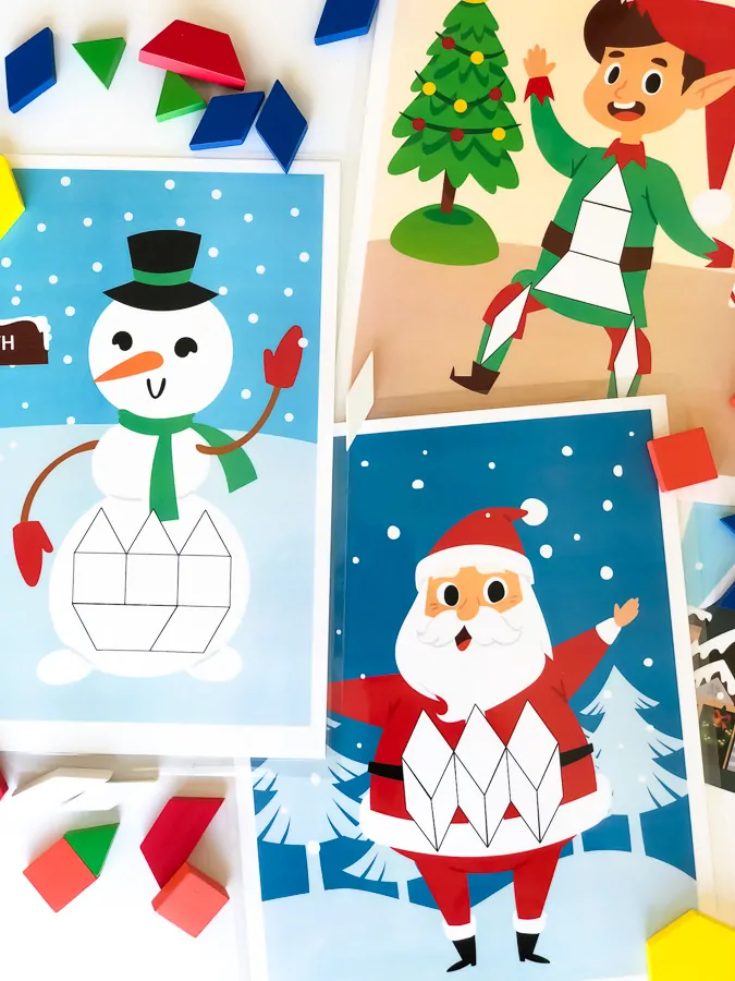 Christmas Tangram Mat | Download this set of pattern block mats that include Santa Claus, Mrs. Claus, a snowman & elf! #kids #childrenplay #learningthroughplay #kidsandparenting