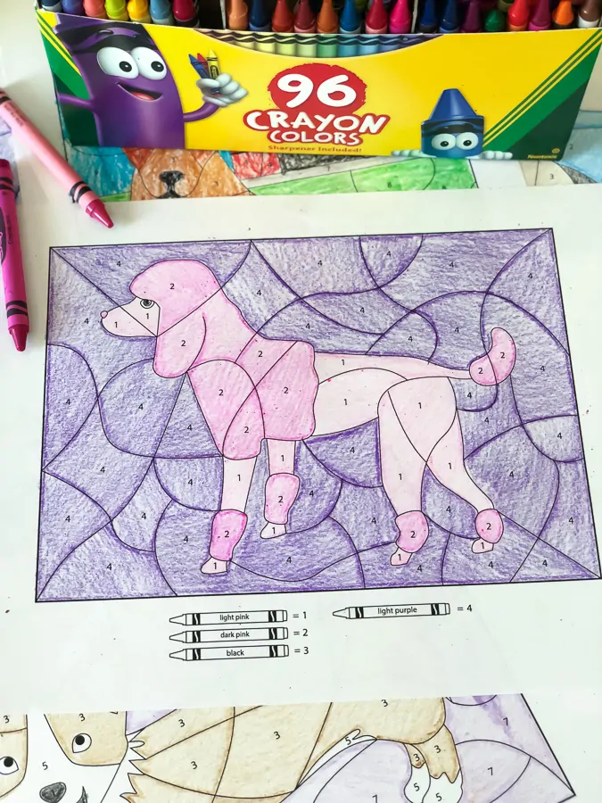 Dog Coloring By Number Worksheets | These educational color by number worksheets are a simple and easy activity kids can do whenever boredom strikes! #elementary #kidsactivities #activitiesforkids #coloringpages #artforkids