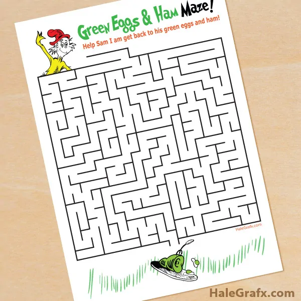 free printable green eggs and hand maze for kids