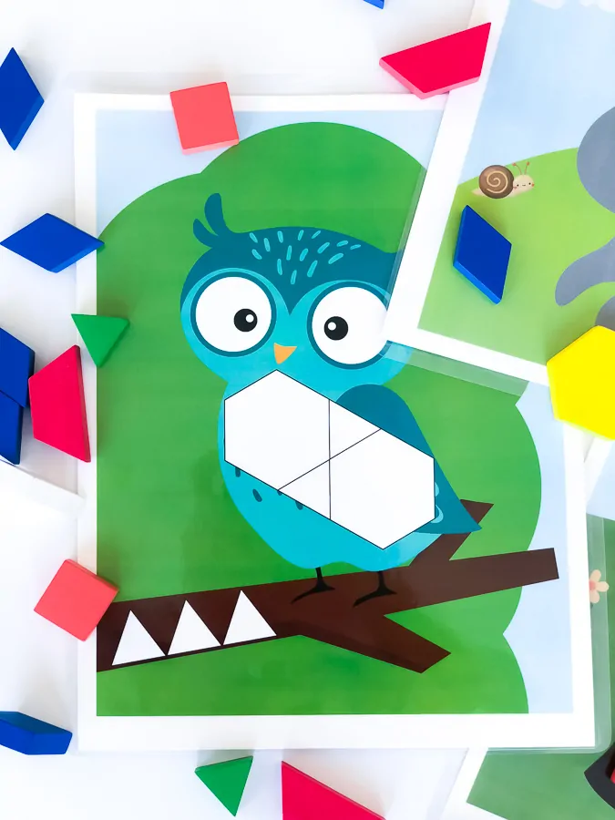 Owl Pattern Block Mat | Download this printable template for an owl and many others. They're a great preschool activity for the classroom or homeschooling. #kidsactivities #ideasforkids #homeschool #homeschooling