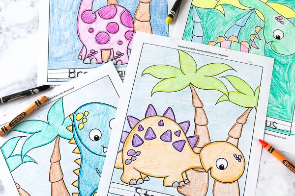 Free Dinosaur Coloring Pages For Kindergarten | Kids will love coloring in their favorite dinos and teachers will love the handwriting practice. #dinosaurs #earlychildhood #worksheets #coloringpages