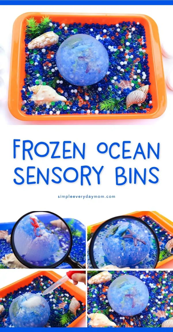 Ocean Sensory Tub | Preschool, Kindergarten and elementary aged kids will love this frozen ocean sensory activity. It's a great hands on idea that'll encourage fine motor skills, problem solving and curiosity! #sensorytub #waterbeads #sensoryboxes #smallworldplay #playbasedlearning