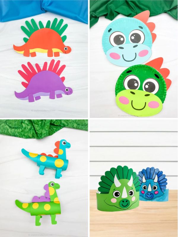 collage of fun dinosaur crafts