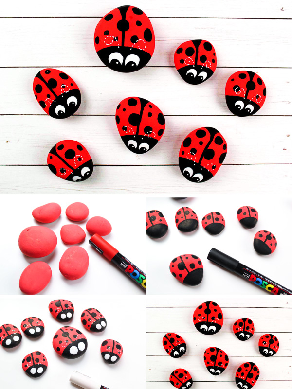 ladybug rock painting image collage with step by step pictures