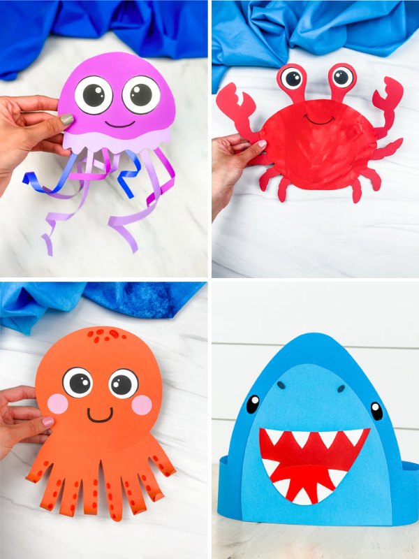 4 image collage of ocean crafts for kids