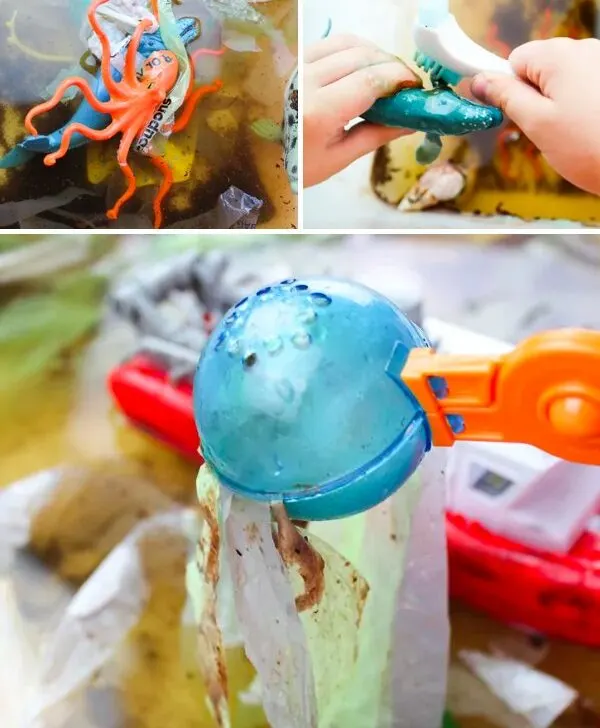 3 image collage of an ocean pollution sensory bin
