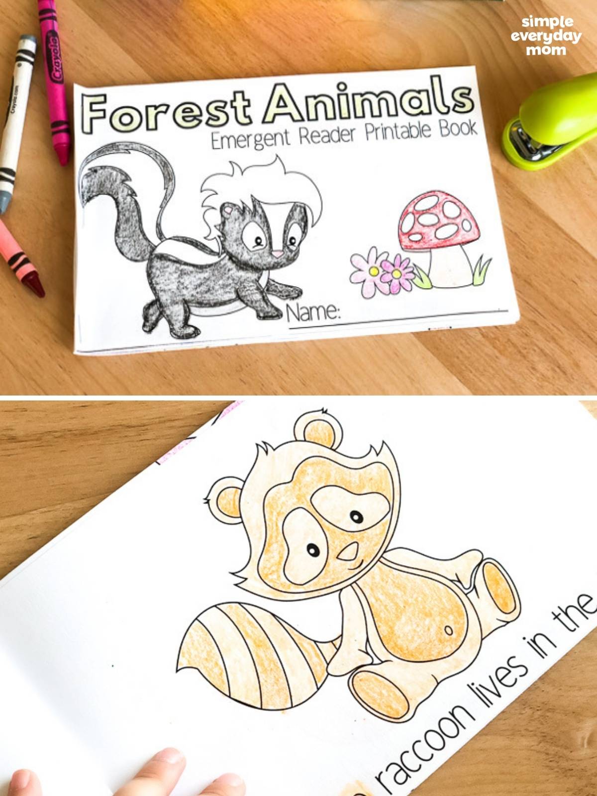 grid image of a printable forest animals emergent reader book with the lower image of the book open to a raccoon page