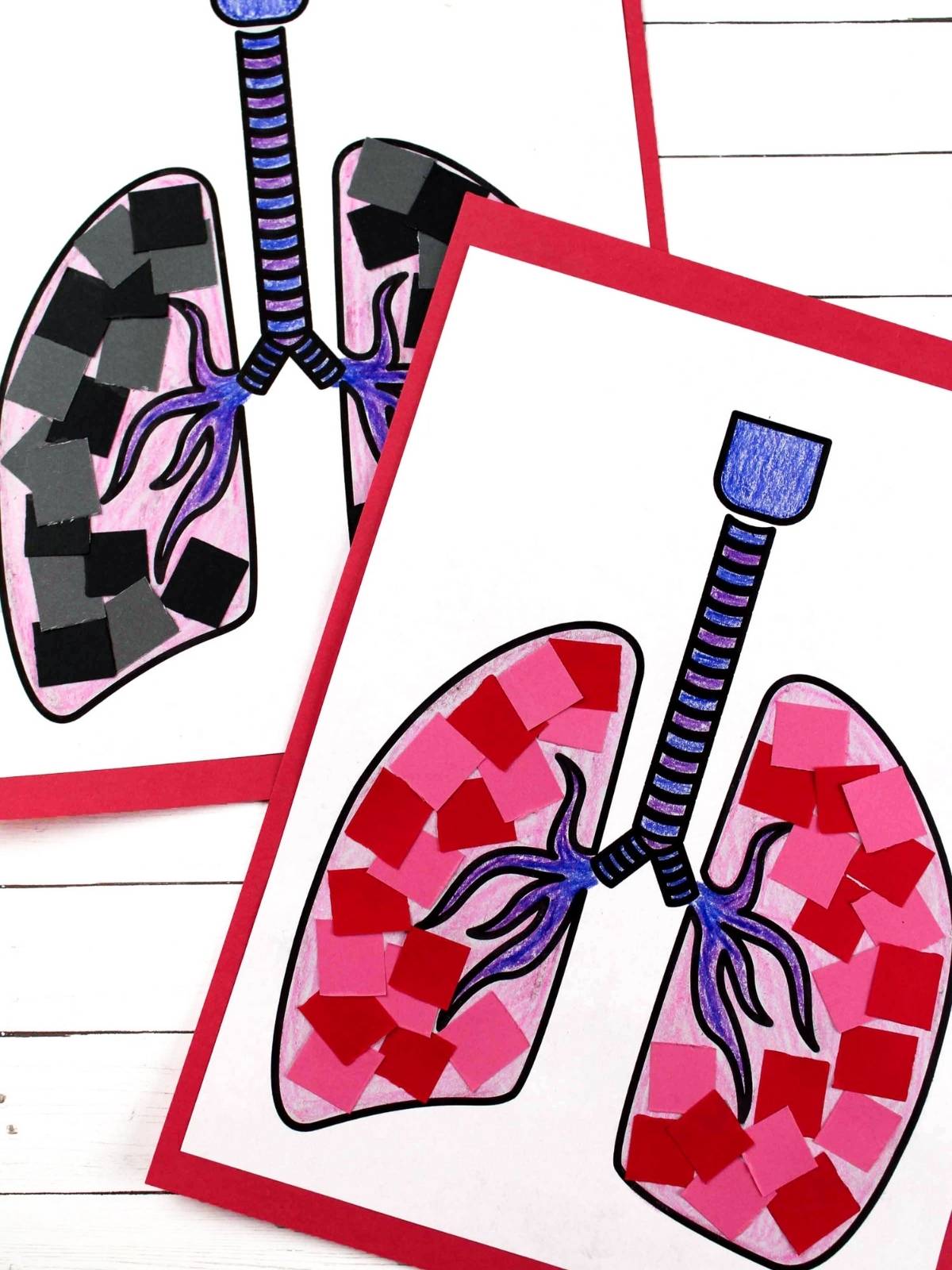 2 lung crafts with colored squares on white wood background