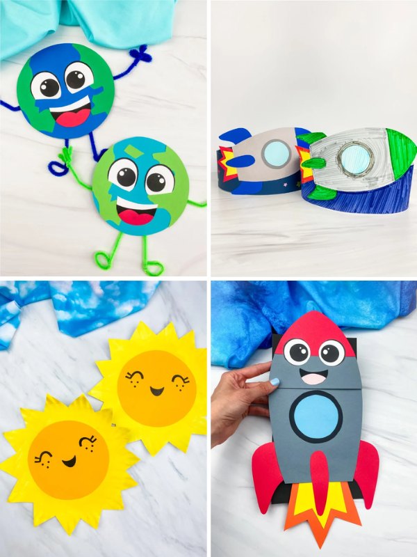 A collage of space-themed kids’ crafts. Top left: two smiling Earth characters made from paper circles with pipe cleaner arms and legs. Top right: two hand-colored paper rockets with blue, green, and gray colors. Bottom left: two bright yellow smiling sun faces made from paper circles with triangular rays. Bottom right: a smiling red, gray, and black paper rocket craft with a large blue window, held in a hand.