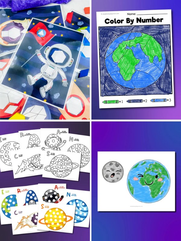 A collage of space-themed educational worksheets and activities. Top left: multiple illustrated sheets featuring a cartoon astronaut floating in space with geometric shapes and stars. Top right: a color-by-number worksheet with an image of Earth, colored green and blue. Bottom left: alphabet planet coloring pages, both black-and-white and colored versions, showing planets with letters. Bottom right: a coloring page of a smiling Earth and Moon, with both objects colored in.