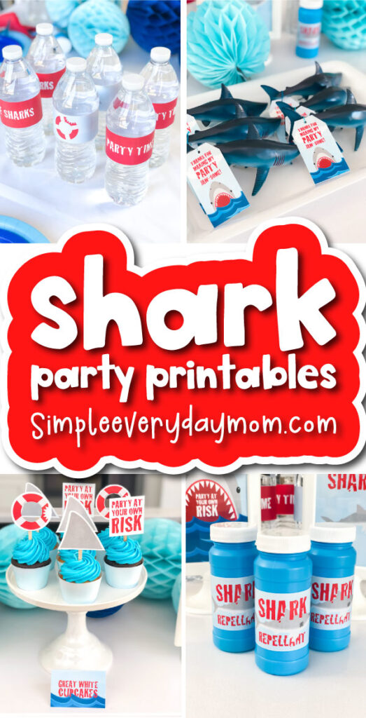 shark party image collage with the words shark party printables