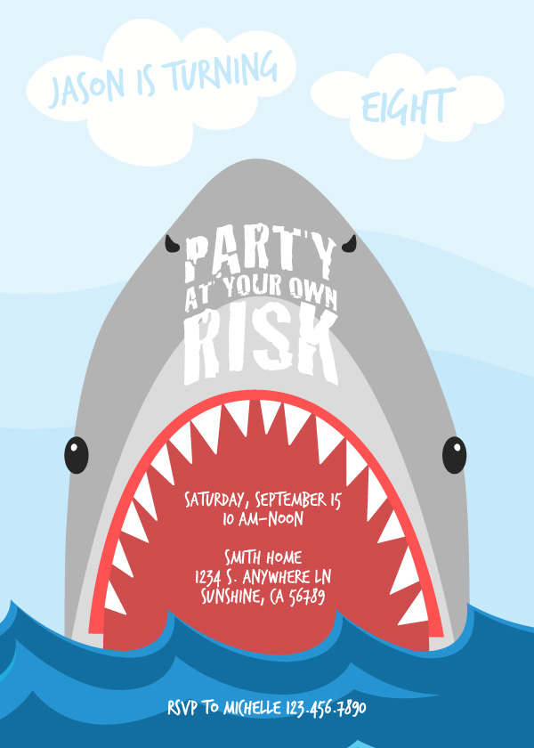 Shark Party Invitations | Throw an awesome DIY shark party for kids with this fun, editable shark invite. #themedbirthdayparties #birthday #kidsparties #sharkparty #party