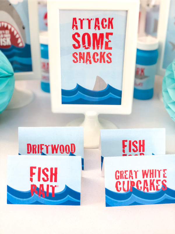 Shark Party Food Labels | Print out these shark party food label cards to go with your awesome shark themed party! #sharkparty #shark #partyprintables #birthday