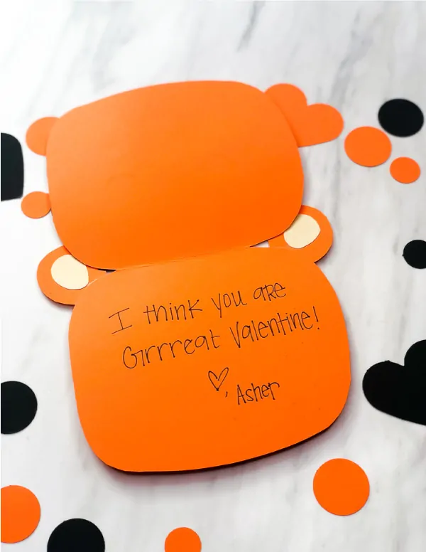 Inside of tiger valentine card craft for kids