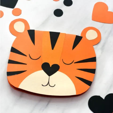 closeup of front of tiger valentine card craft for kids