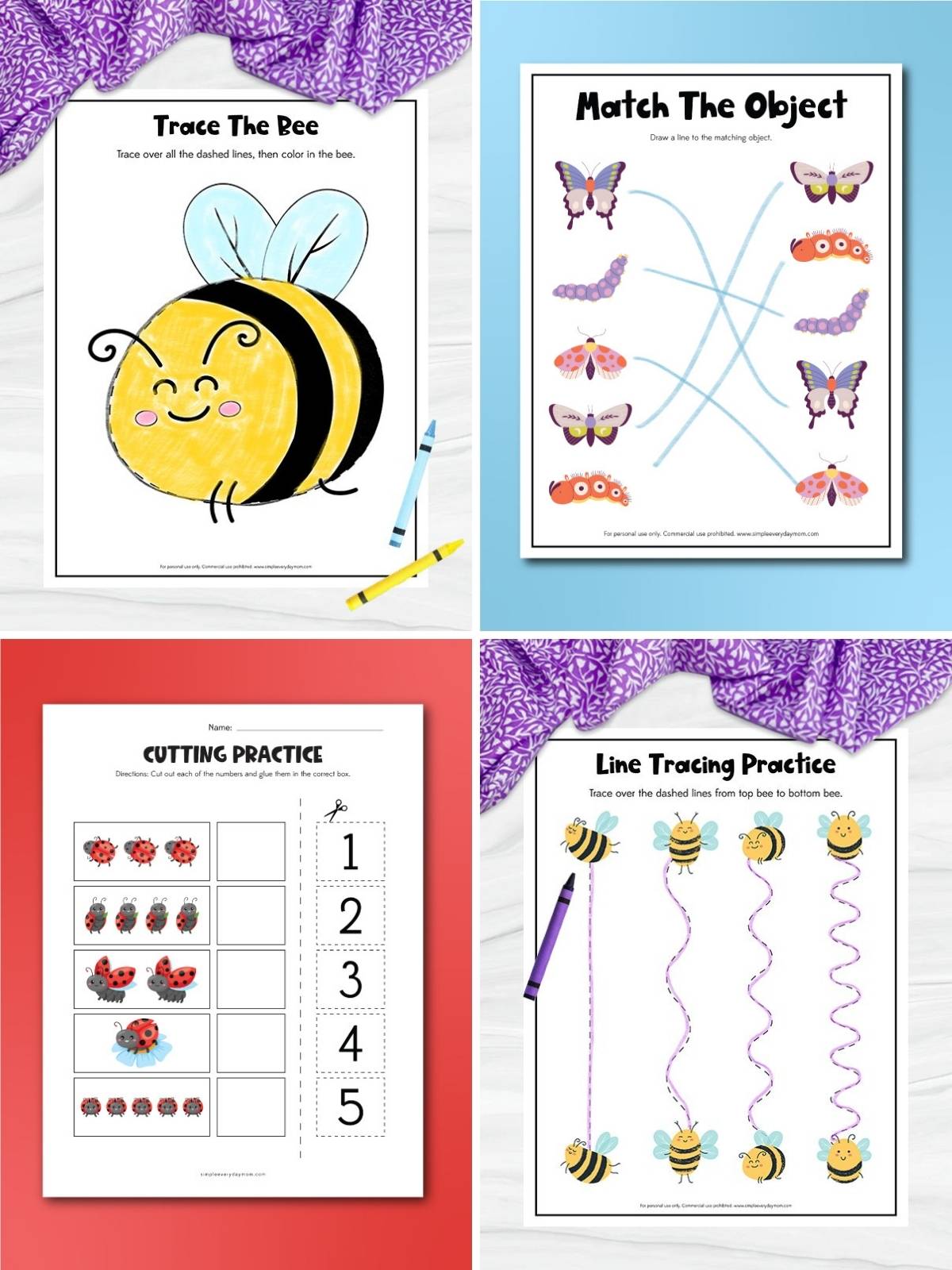 Collage of preschool insect worksheets including tracing a bee, matching insects, cutting practice with ladybugs, and line tracing with bees.