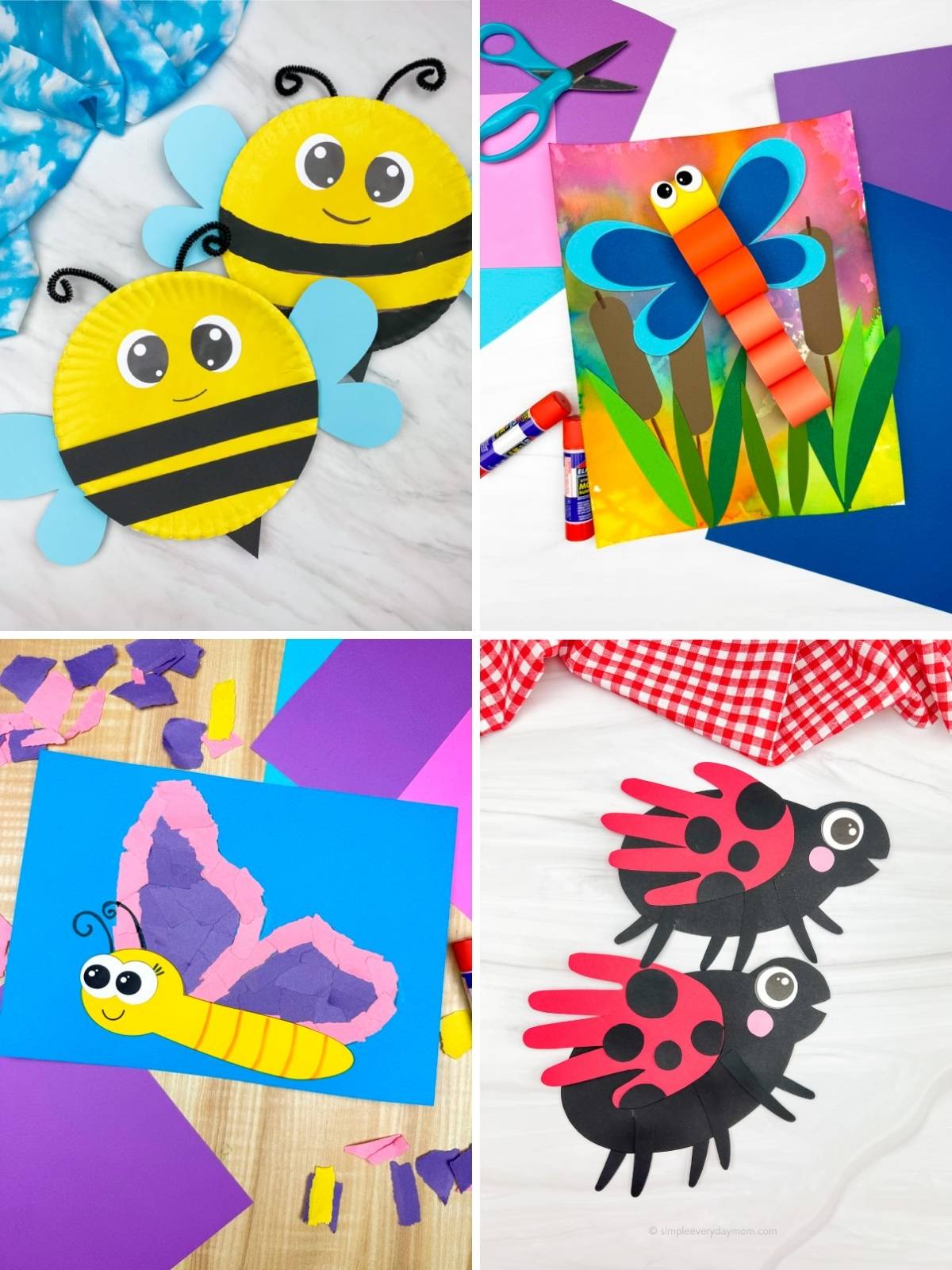 Collage of kids’ insect crafts including paper plate bees, a paper dragonfly craft, a torn paper butterfly, and handprint ladybugs.