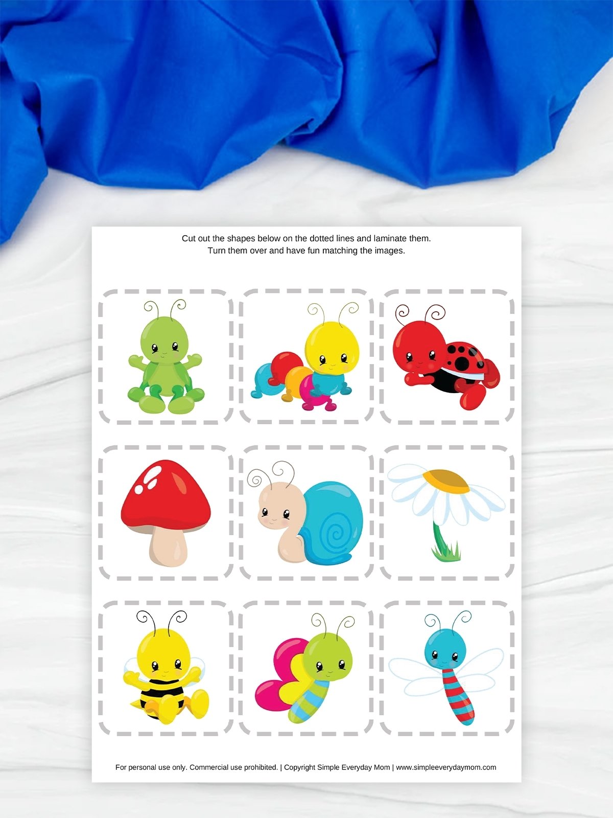 Children’s printable matching game with nine cartoon insects and nature images inside dotted squares.