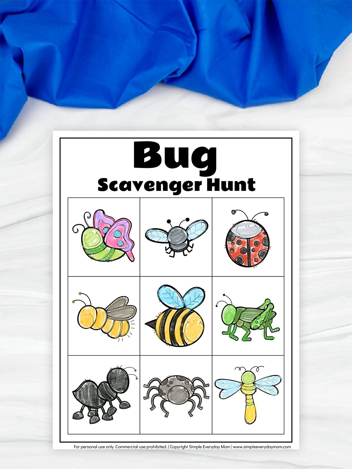 Worksheet titled “Bug Scavenger Hunt” with a 3×3 grid of illustrated insects. The images include a butterfly, fly, ladybug, bee, grasshopper, ant, spider, and dragonfly.