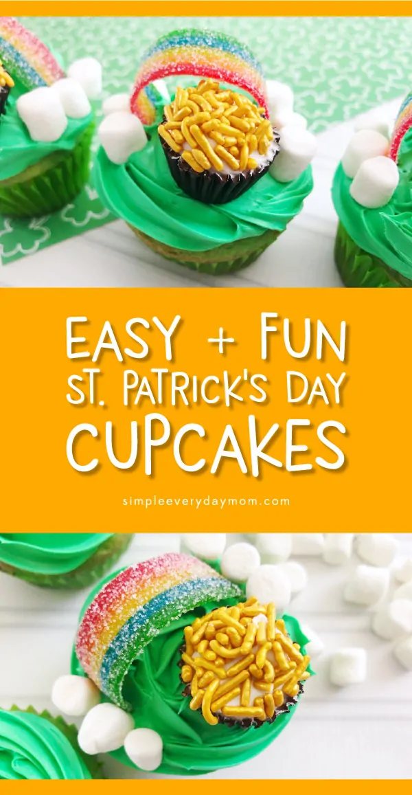 Easy St. Patricks Day Cupcakes For Kids | Transform plain box mix into these fun and magical cupcakes! #stpatricksday #stpattysday #stpaddysday #cupcakes #kidsfood #desserts #baking #treats