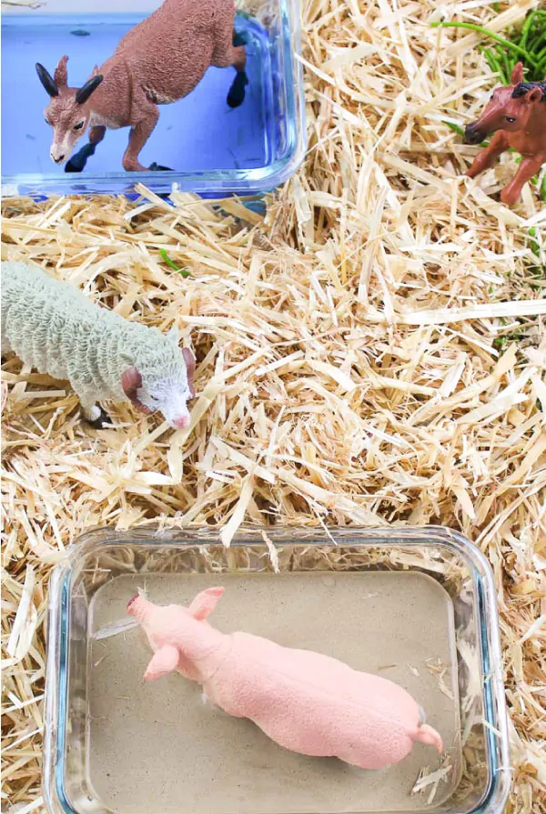 Farm Animal Small World Play | Toddlers, preschool and kindergarten kids will love this farm theme DIY sensory bin. #preschool #prek #kindergarten #toddlers #kidsactivities #smallworldplay #smallworld #sensorybin #sensoryplay #ece 