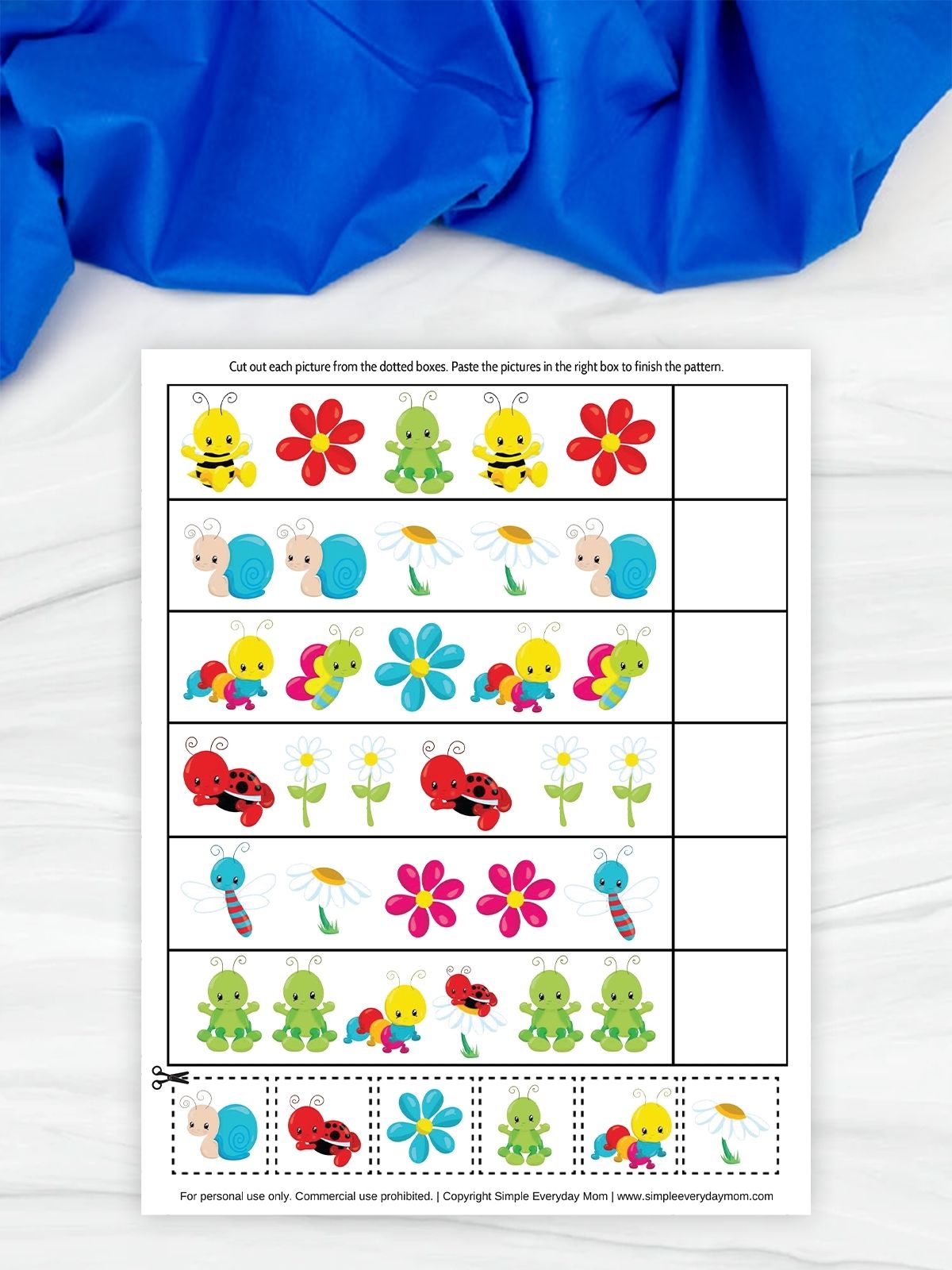 Children’s pattern worksheet with rows of insects, flowers, and snails where the final box in each row is blank. Cut-out pictures at the bottom are used to complete the repeating patterns.