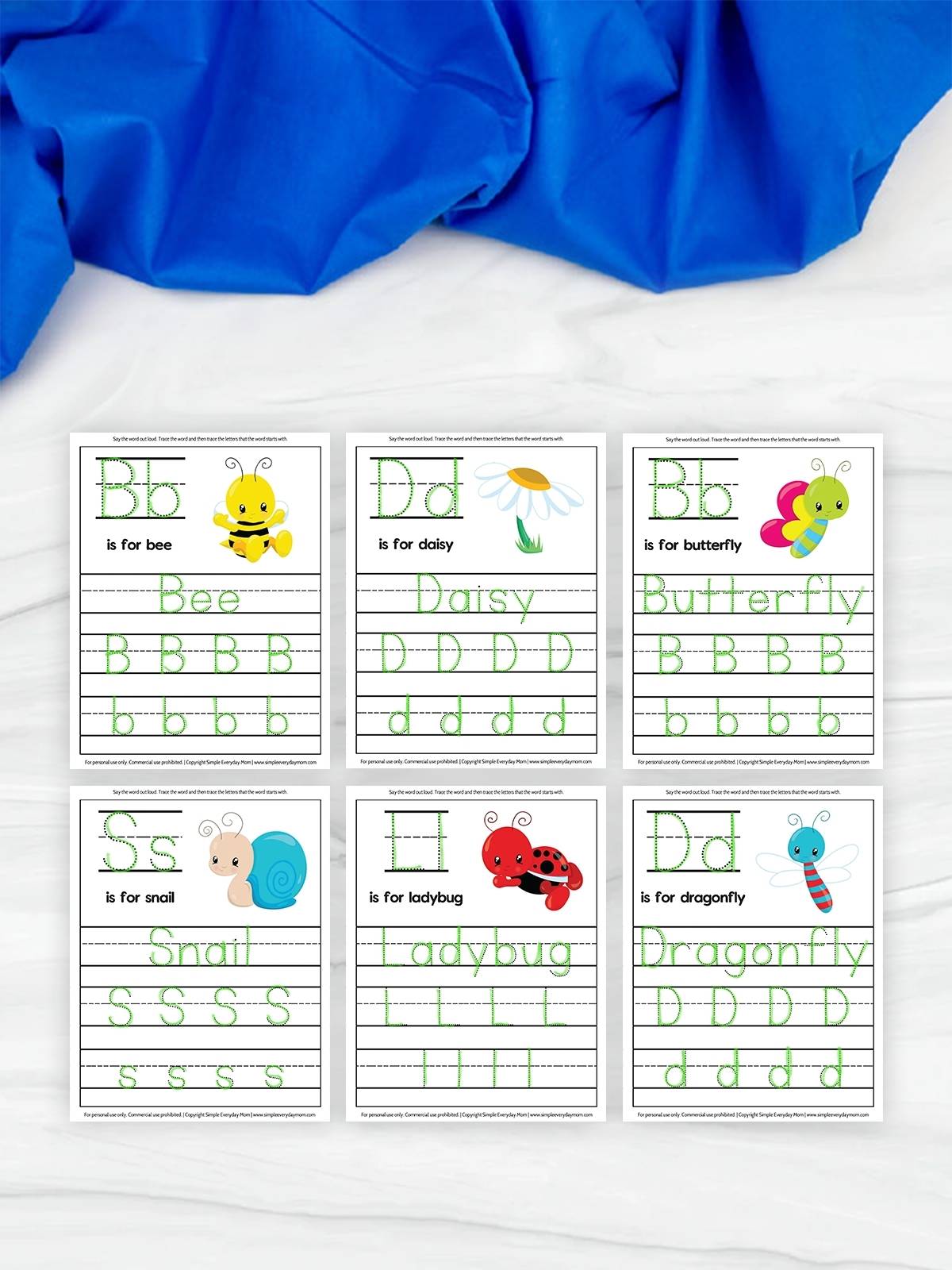 Six handwriting worksheets where children trace letters and words for bee, daisy, butterfly, snail, ladybug, and dragonfly. Each page includes a picture and tracing lines for uppercase and lowercase letters.