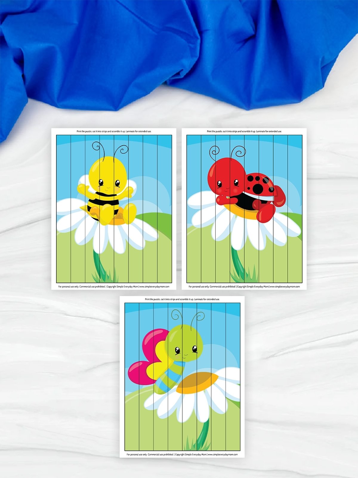 Three printable strip puzzles showing a bee, ladybug, and butterfly sitting on a white flower. Each image is divided into vertical strips for cutting and rearranging.