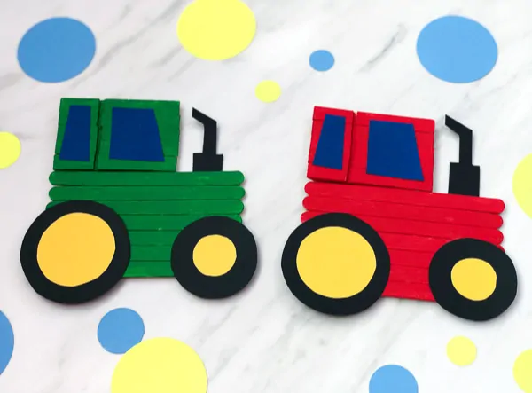 Tractor Craft For Kids | Make these fun popsicle stick tractors from popsicle sticks, wooden clothespins, paper and a paint. #kids #kidsactivities #kidscrafts #craftsforkids #artprojects #farm #elementary #ece