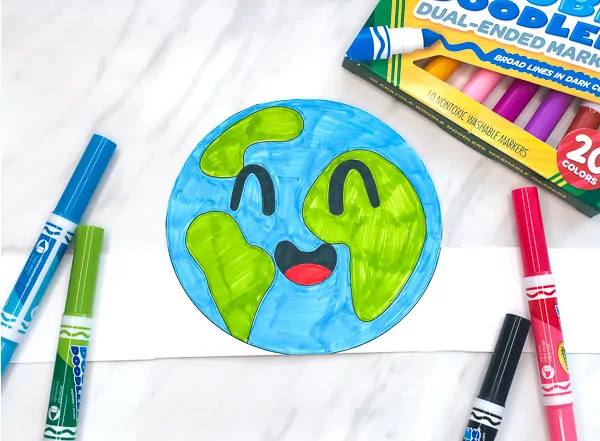 colored earth day headband printable template with colored marker in the background