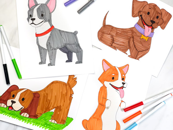 collage of puppy dog coloring pages with markers