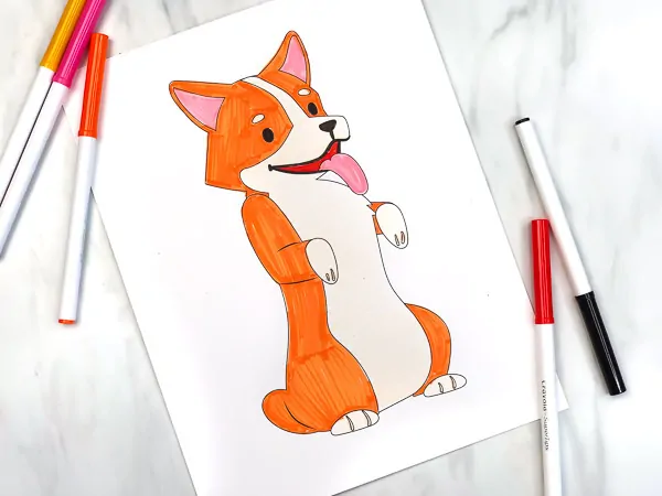 corgi coloring page with markers 