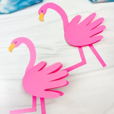 2 flamingo handprint crafts