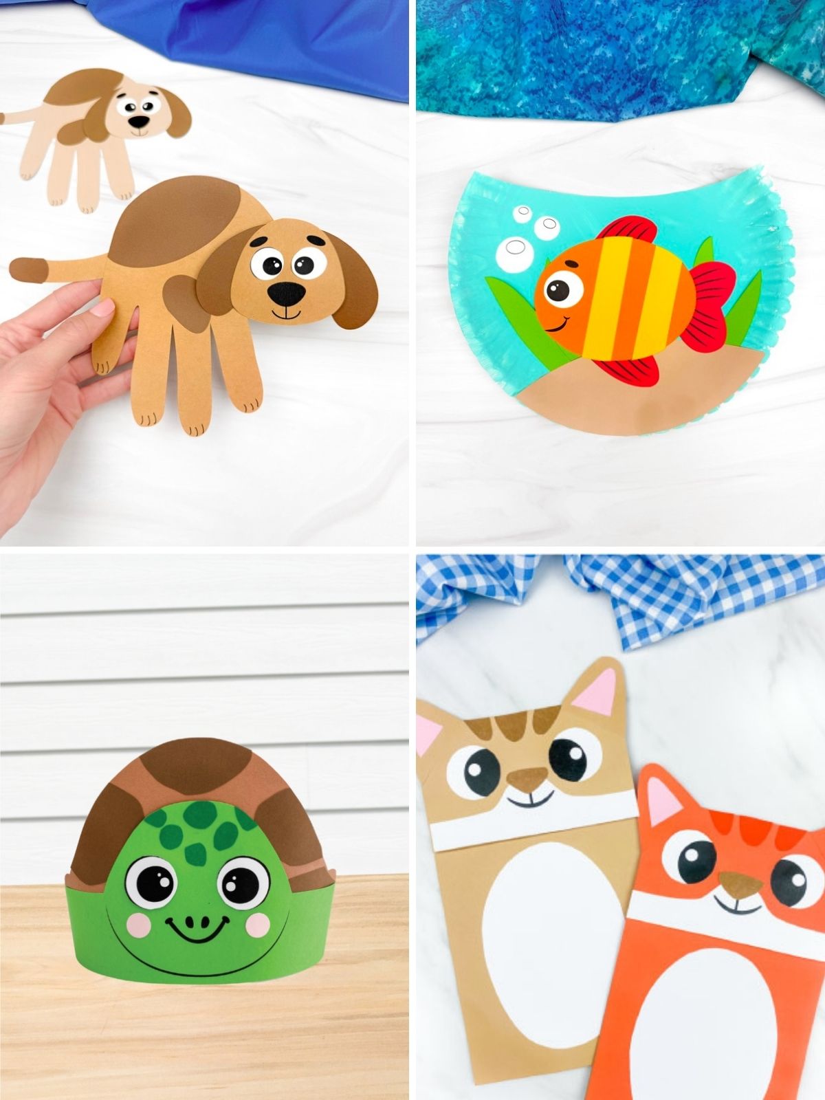 Collage of simple animal-themed paper crafts, including a brown dog cutout, a colorful fish on a paper plate, a green turtle, and two cat puppets.