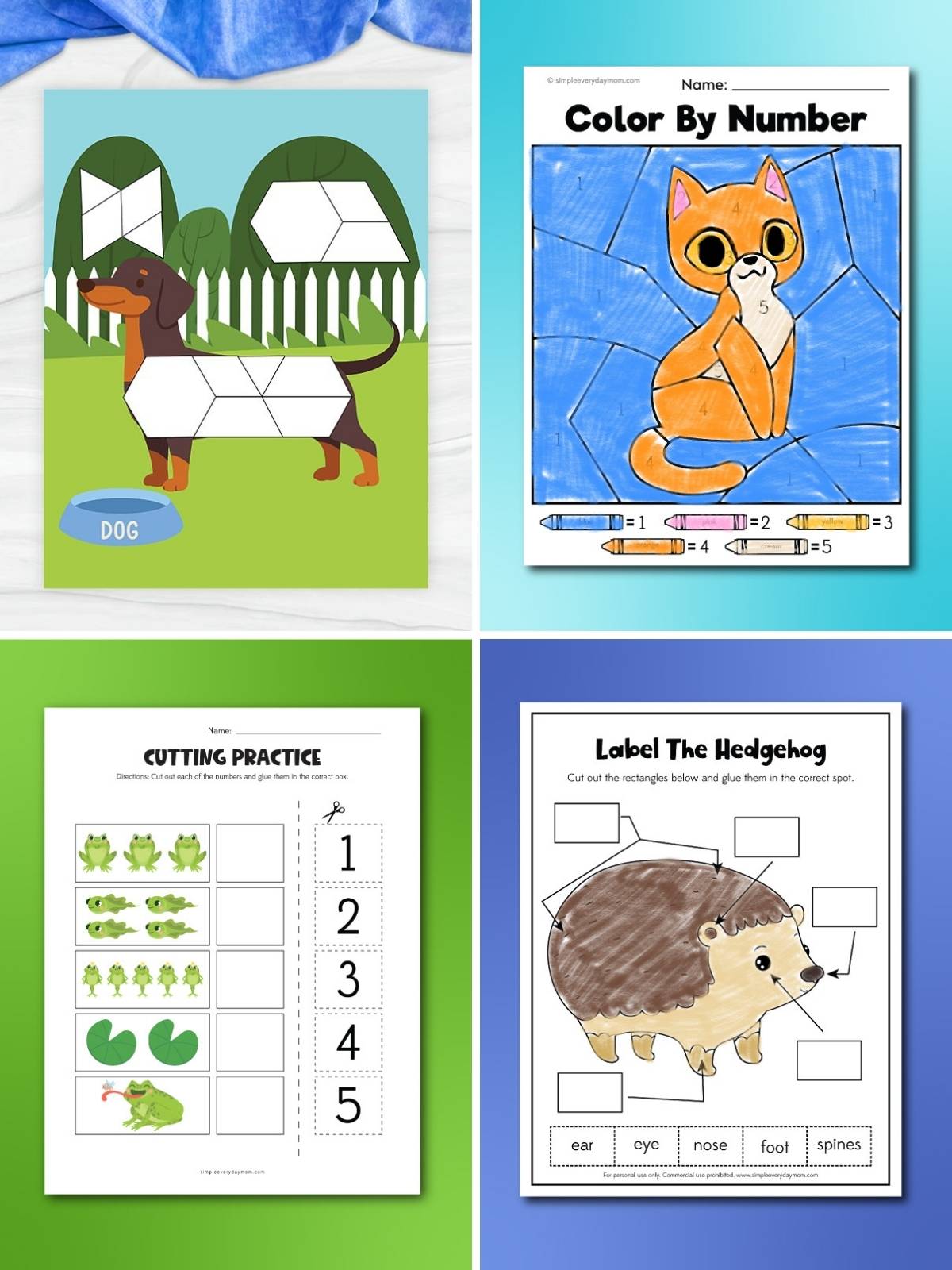 Collage of children’s animal learning worksheets, including a dog shape puzzle, a cat color-by-number page, a counting and cutting activity, and a labeled hedgehog diagram.