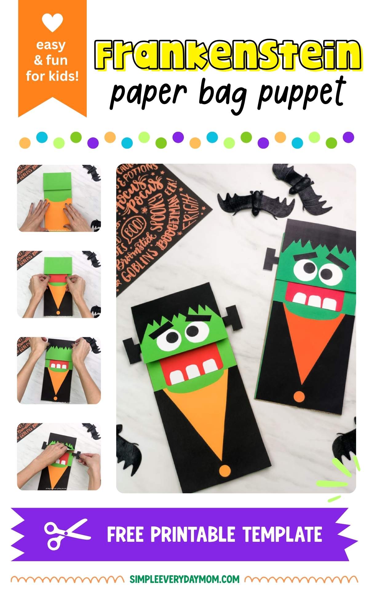 Frankenstein paper bag puppet craft graphic showing finished puppets and step-by-step assembly photos, with text advertising a free printable template.
