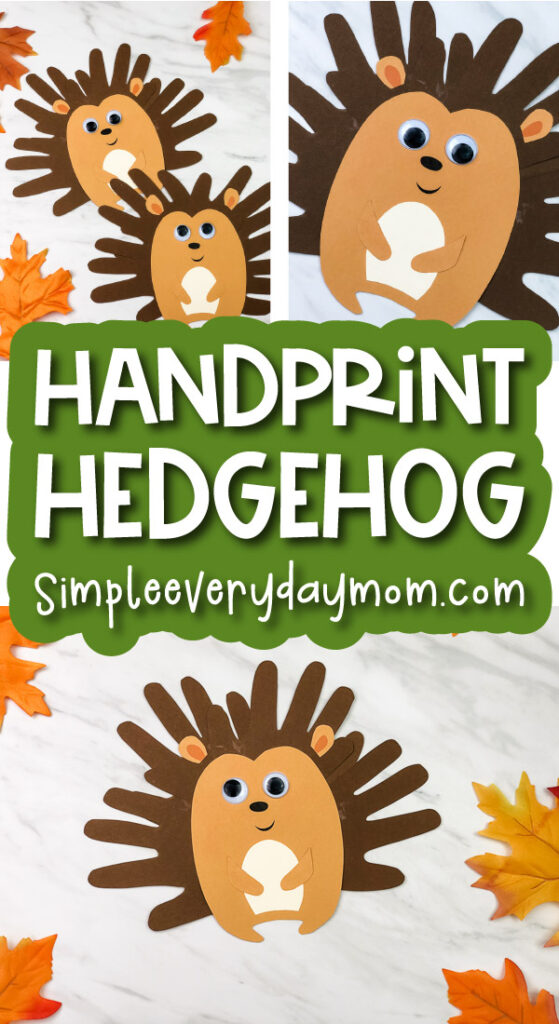 handprint hedgehog craft image collage with the words handprint hedgehog