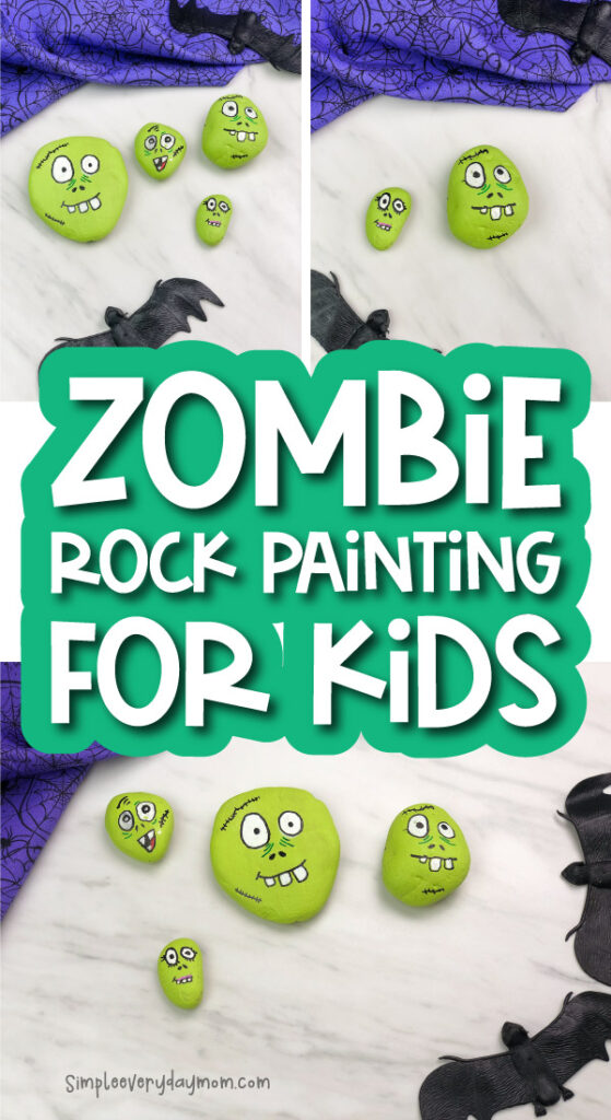zombie painted rocks image collage with the words zombie rock painting for kids